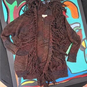 Ralph Lauren Textured Fringed Cardigan in Deep Brown